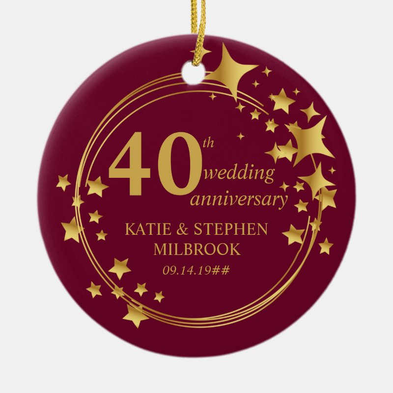 40Th Ruby Wedding Anniversary Photo Gold Stars Ceramic Ornament