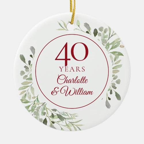 40Th Ruby Wedding Anniversary Watercolor Greenery Ceramic Ornament