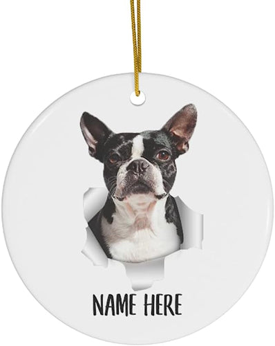 Cute Boston Terrier Black White Personalized Name Gifts  Christmas Tree Ornaments Ceramic Circle