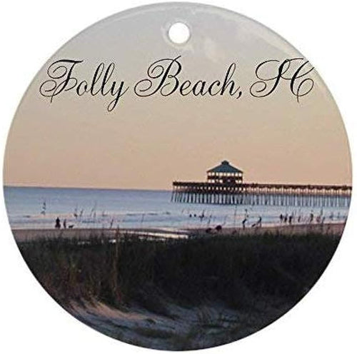 Novelty Decoration Folly Beach, Sc Pier Christmas Ornaments Ceramic Round Christmas Tree Hanging Keepsake 3 Inches