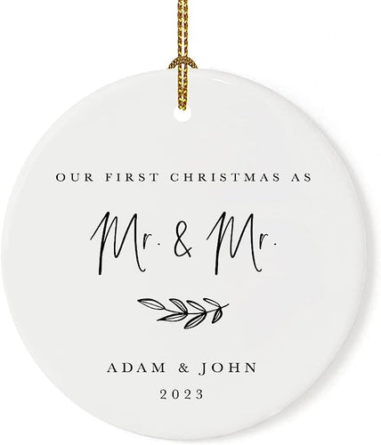 Andaz Press Personalized Gay Couple Wedding Round Ceramic Porcelain Tree Ornament Engagement Keepsake Collectible Gift, Our First Christmas As Mr. & Mr, Adam & John , Antique Handdrawn, 1-Pack