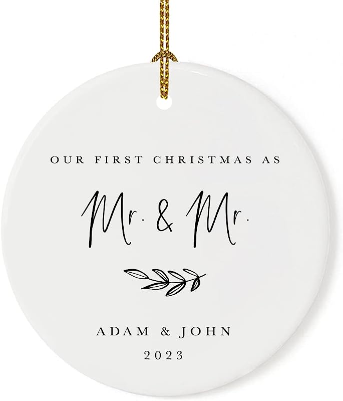 Andaz Press Personalized Gay Couple Wedding Round Ceramic Porcelain Tree Ornament Engagement Keepsake Collectible Gift, Our First Christmas As Mr. & Mr, Adam & John , Antique Handdrawn, 1-Pack