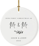 Andaz Press Personalized Gay Couple Wedding Round Ceramic Porcelain Tree Ornament Engagement Keepsake Collectible Gift, Our First Christmas As Mr. & Mr, Adam & John , Antique Handdrawn, 1-Pack