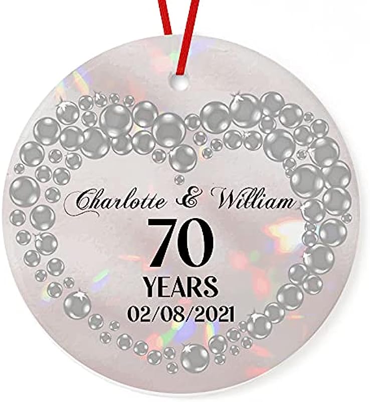 Prezzy Personalized 70 Years Ornament 70Th Wedding Anniversary Circle Ceramic Ornaments 3" White