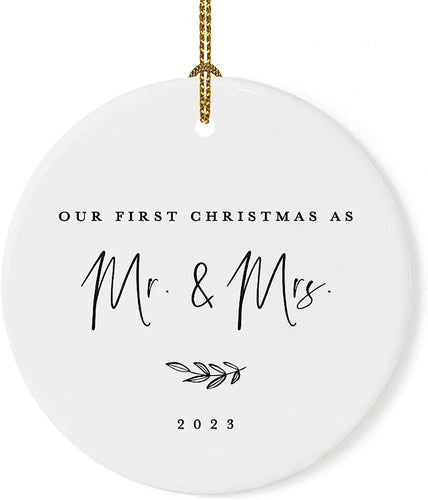 Andaz Press Wedding Couple Round Ceramic Porcelain Ornament, Our First Christmas As Mr. & Mrs. , Antique Handdrawn, 1-Pack, Includes Ribbon And Gift Box