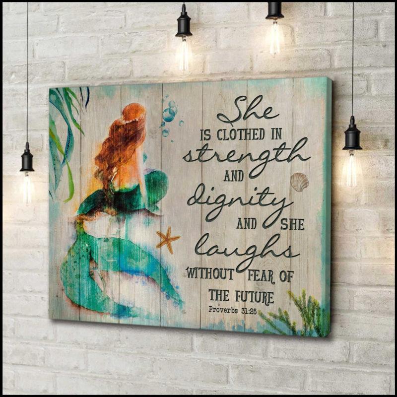 She Is Clothed In Strength and Dignity Mermaid Beach Canvas And Poster, Canvas Painting, Wall Decor Visual Art