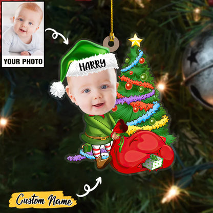 Baby Elf And Christmas Tree Custom Photo With Name Ornament CTH01