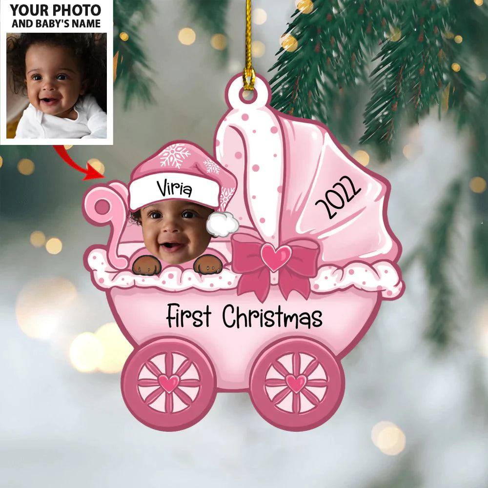 Cute Baby Strollers Ornament - Baby First Christmas Custom Name And Photo