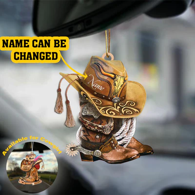 Christmas Ornament, Personalized Boots And Hat Cowboy Flat Acrylic Car Ornament