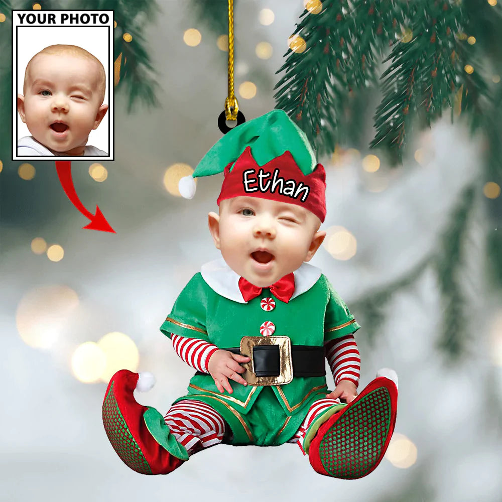 Custom Baby Cartoon Boy Cute Photo With Name for Christmas Ornament