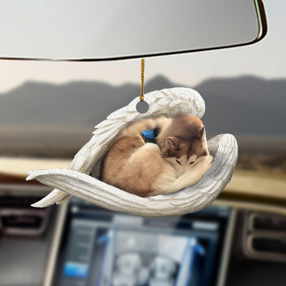 Godmerch- Ornaments- Tan and white husky sleeping angel dog lover ornament, Dog Ornaments, Car Ornaments