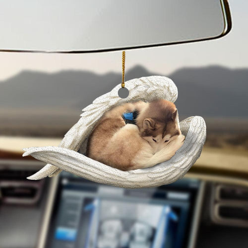 Godmerch- Ornaments- Tan and white husky sleeping angel dog lover ornament, Dog Ornaments, Car Ornaments