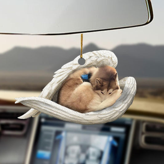 Godmerch- Ornaments- Tan and white husky sleeping angel dog lover ornament, Dog Ornaments, Car Ornaments