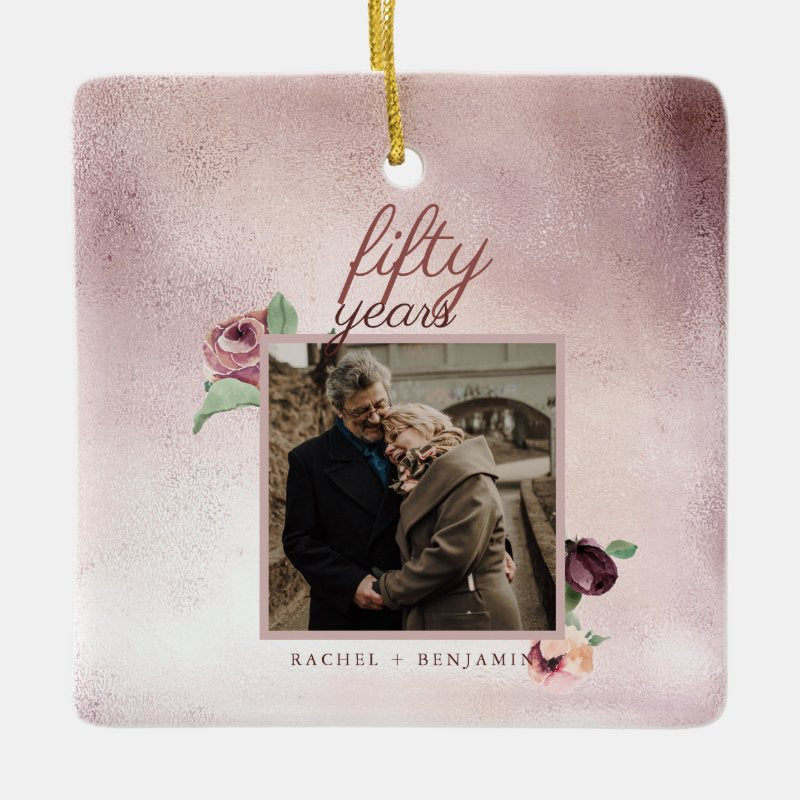 50 Year Wedding Anniversary Rose Gold Glitter Ceramic Ornament