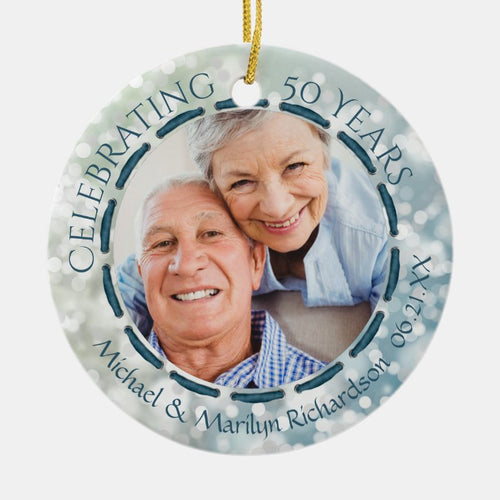 50Th Anniversary, 2-Sided 2-Photo Teal/Blue/White Ceramic Ornament