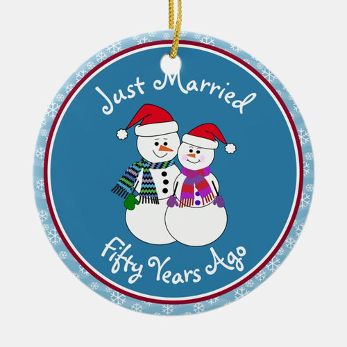 50Th Anniversary Gift Fun Snow Couple Christmas Ceramic Ornament