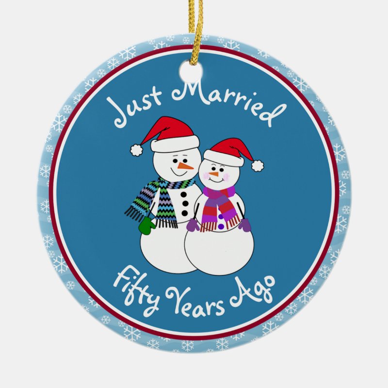 50Th Anniversary Gift Fun Snow Couple Christmas Ceramic Ornament