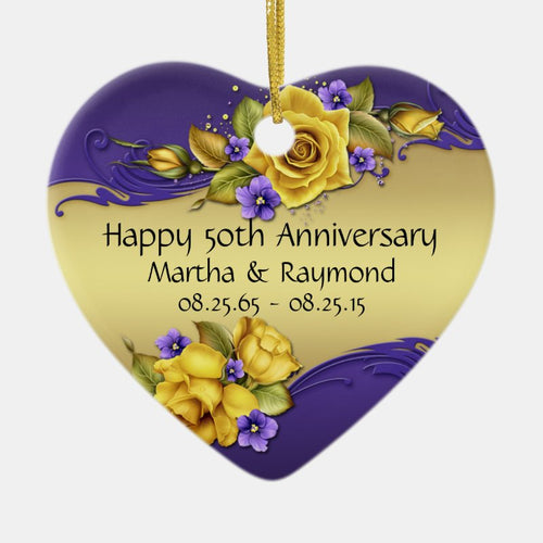 50Th Anniversary Photo Yellow Roses Purple Pansies Ceramic Ornament