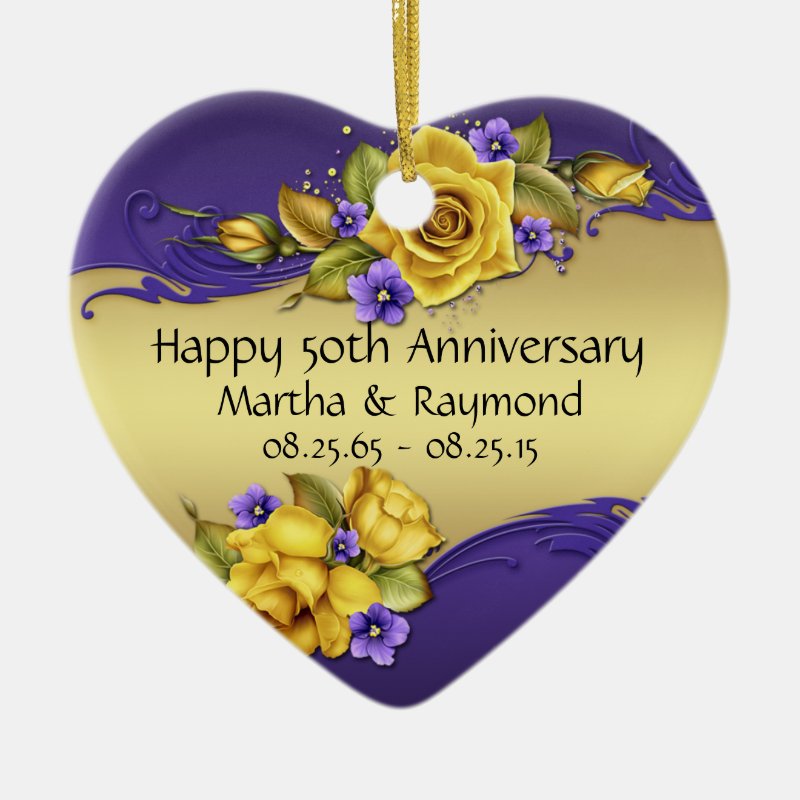 50Th Anniversary Photo Yellow Roses Purple Pansies Ceramic Ornament