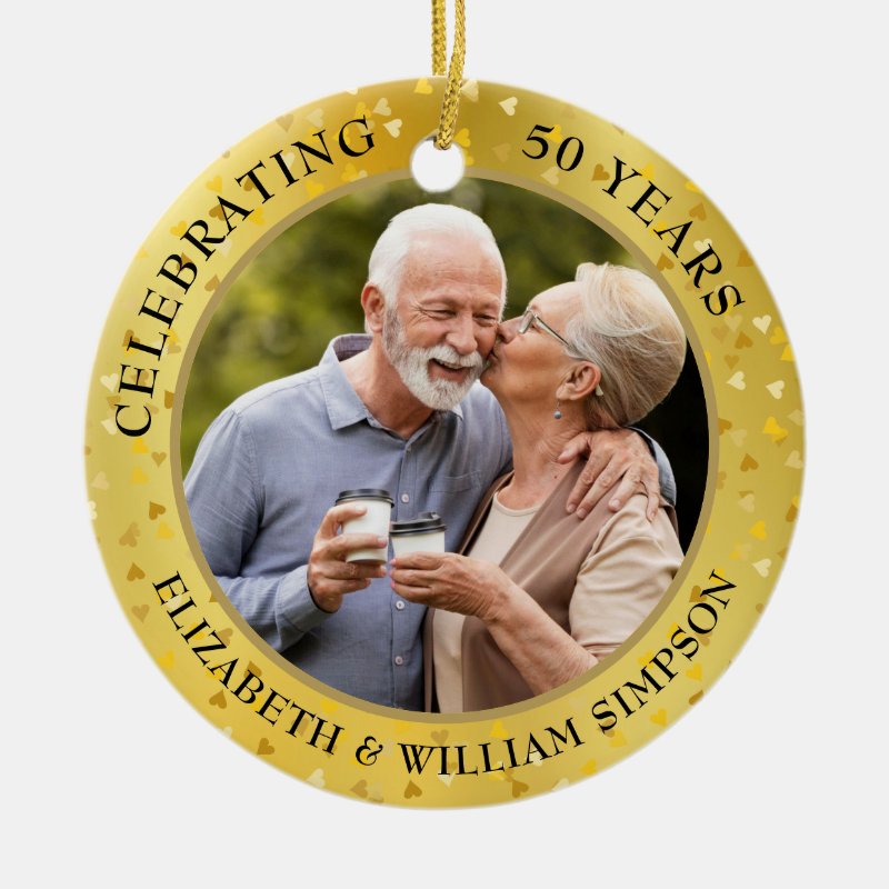 50Th Wedding Anniversary Gold Hearts 2 Photo Ceramic Ornament