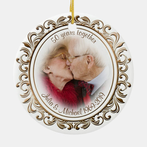 50Th Wedding Anniversary Golden Frame Custom Photo Ceramic Ornament