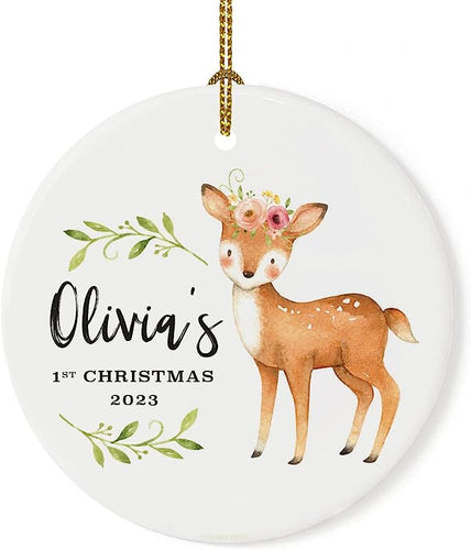 Andaz Press Personalized Name Round Ceramic Porcelain Christmas Tree Ornament New Girl Baby Keepsake Collectible Gift, Olivia'S 1St Christmas, , Watercolor Woodland Deer Laurels Florals, 1-Pack