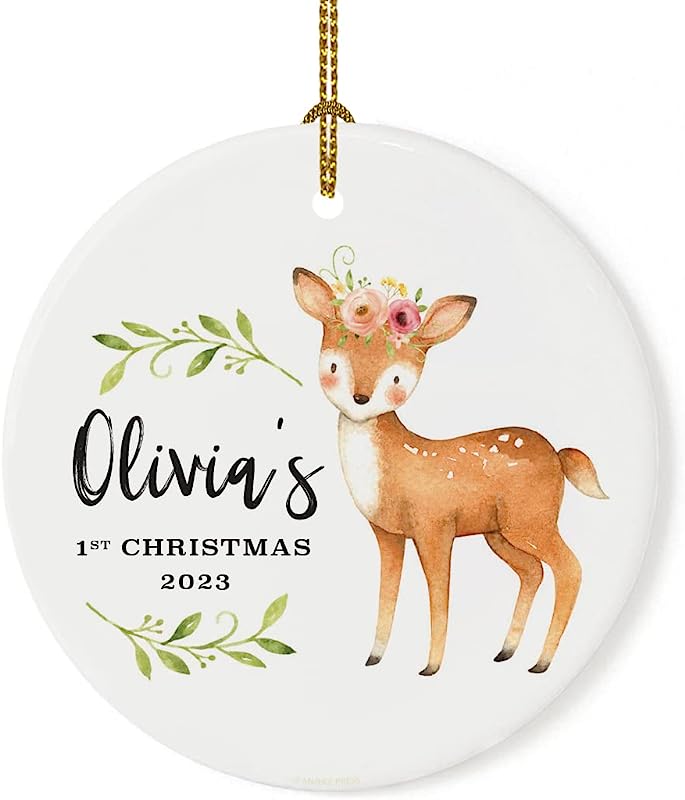 Andaz Press Personalized Name Round Ceramic Porcelain Christmas Tree Ornament New Girl Baby Keepsake Collectible Gift, Olivia'S 1St Christmas, , Watercolor Woodland Deer Laurels Florals, 1-Pack