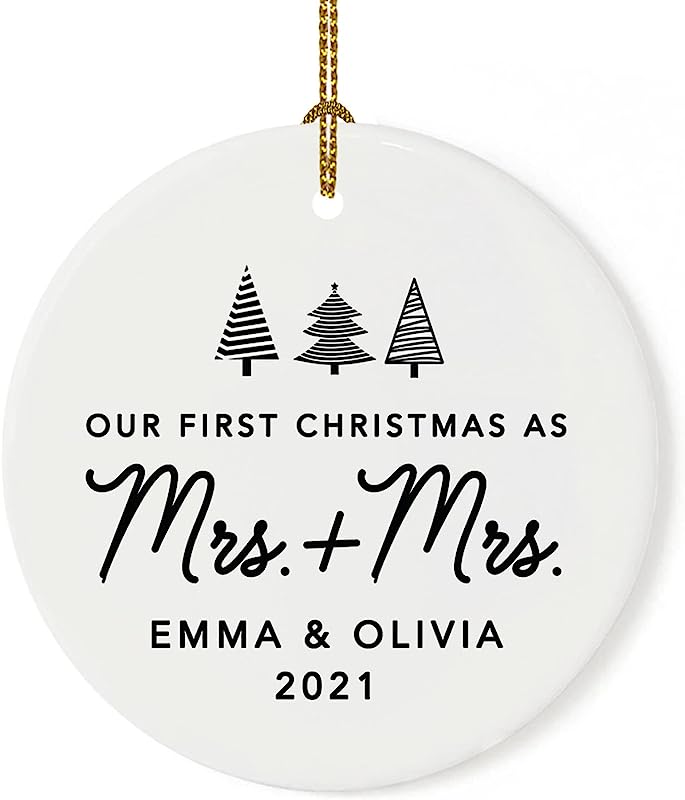 Andaz Press Personalized Our First Christmas As Mrs. & Mrs.  Christmas Ornaments Christmas Trees Design 2.8" Round Porcelain Ceramic Lesbian Married Couple Gay Women Newlyweds Keepsake 1-Pack