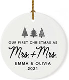 Andaz Press Personalized Our First Christmas As Mrs. & Mrs.  Christmas Ornaments Christmas Trees Design 2.8" Round Porcelain Ceramic Lesbian Married Couple Gay Women Newlyweds Keepsake 1-Pack