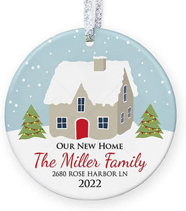 Our New Home Christmas Ornament , Personalized Housewarming Gift Idea, Christmas Gift For New Family Home - 3" Flat Circle Porcelain Ceramic Ornament - Gold & Silver Ribbon   Pgm-Or-10D