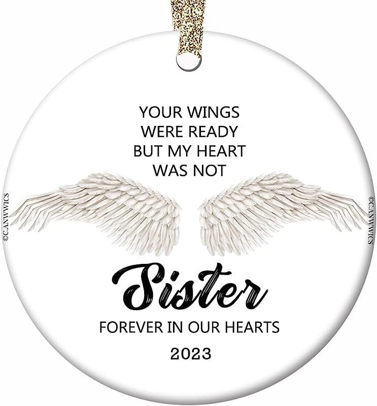 Loss Of Sister Remembrance Ornament Christmas  Sympathy Condolence Gift, White Angel Wings  Christmas Decoration, 2.8" Flat Circle Ceramic Keepsake Bag