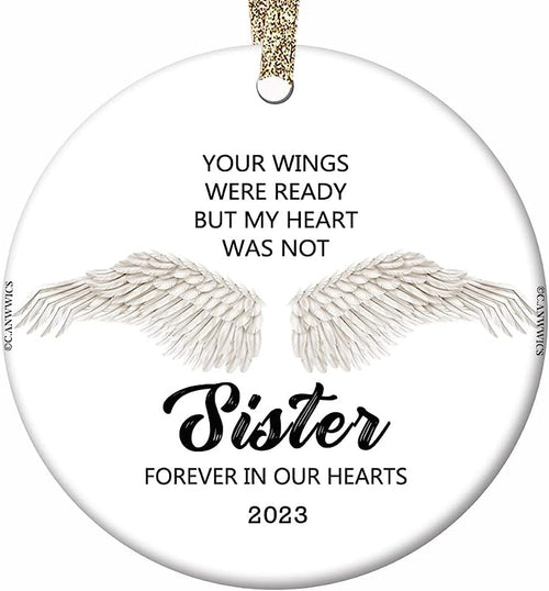 Loss Of Sister Remembrance Ornament Christmas  Sympathy Condolence Gift, White Angel Wings  Christmas Decoration, 2.8" Flat Circle Ceramic Keepsake Bag
