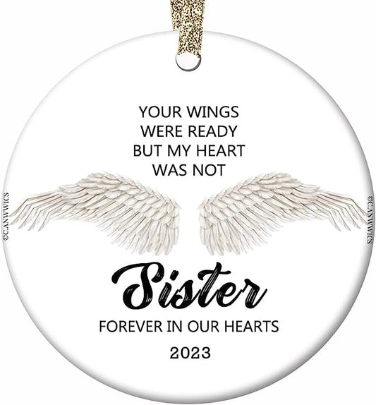 Loss Of Sister Remembrance Ornament Christmas  Sympathy Condolence Gift, White Angel Wings  Christmas Decoration, 2.8" Flat Circle Ceramic Keepsake Bag