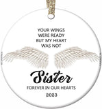 Loss Of Sister Remembrance Ornament Christmas  Sympathy Condolence Gift, White Angel Wings  Christmas Decoration, 2.8" Flat Circle Ceramic Keepsake Bag