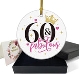 Fabulous 60Th Birthday Ornaments Gifts Keepsake Sign Round Plaque Happy For 60 Years Birthday Gifts Idea Christmas Decoration 3" Circle Ceramic Ornament With Gold Ribbon & Gift Box