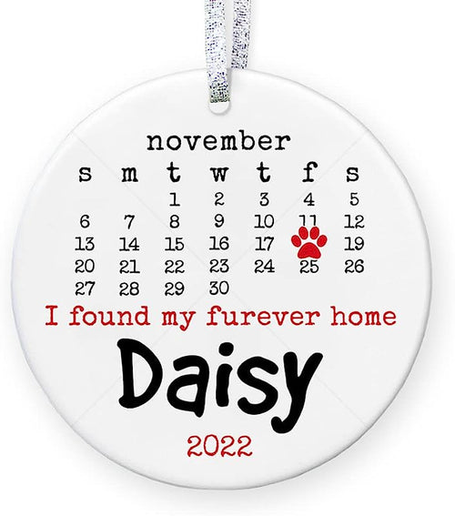 New Dog Gift For Dog Lover, Personalized Pet Christmas Ornament , Puppy Or Adoption Forever Home Keepsake - 3" Flat Circle Porcelain Ornament - Gold & Silver Ribbon   Pgm-Or-48