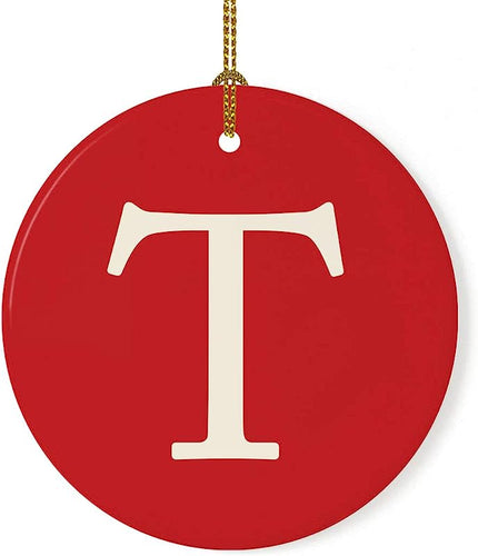 Andaz Press Round Ceramic Porcelain Monogram Christmas Tree Ornament Keepsake Collectible Gift, Initial Letter T, Red Background, 1-Pack, Wedding Bridesmaid'S Gifts, Family, Ribbon And Gift Box