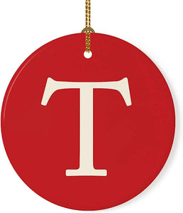Andaz Press Round Ceramic Porcelain Monogram Christmas Tree Ornament Keepsake Collectible Gift, Initial Letter T, Red Background, 1-Pack, Wedding Bridesmaid'S Gifts, Family, Ribbon And Gift Box