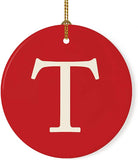 Andaz Press Round Ceramic Porcelain Monogram Christmas Tree Ornament Keepsake Collectible Gift, Initial Letter T, Red Background, 1-Pack, Wedding Bridesmaid'S Gifts, Family, Ribbon And Gift Box