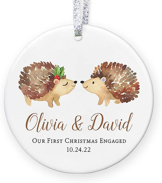 Our 1St Christmas Engagement Ornament , Personalized Names Date, First Xmas Engaged Gift For Fiancee - 3" Flat Circle Ceramic Watercolor Ornament - Gold & Silver Ribbon   Pgm-Or-104A