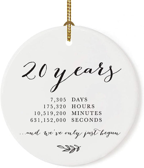 Andaz Press Round Porcelain Ceramic 20Th Wedding Anniversary Christmas Tree Ornament Gift, 20 Years, 7305 Days, 175320 Hours, 10519200 Minutes, 631152000 Seconds, 1-Pack, Inc Gift Box