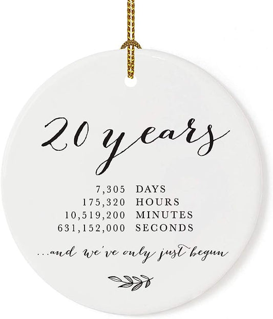 Andaz Press Round Porcelain Ceramic 20Th Wedding Anniversary Christmas Tree Ornament Gift, 20 Years, 7305 Days, 175320 Hours, 10519200 Minutes, 631152000 Seconds, 1-Pack, Inc Gift Box