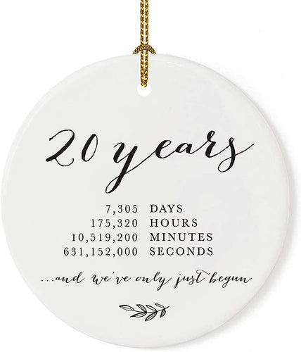 Andaz Press Round Porcelain Ceramic 20Th Wedding Anniversary Christmas Tree Ornament Gift, 20 Years, 7305 Days, 175320 Hours, 10519200 Minutes, 631152000 Seconds, 1-Pack, Inc Gift Box