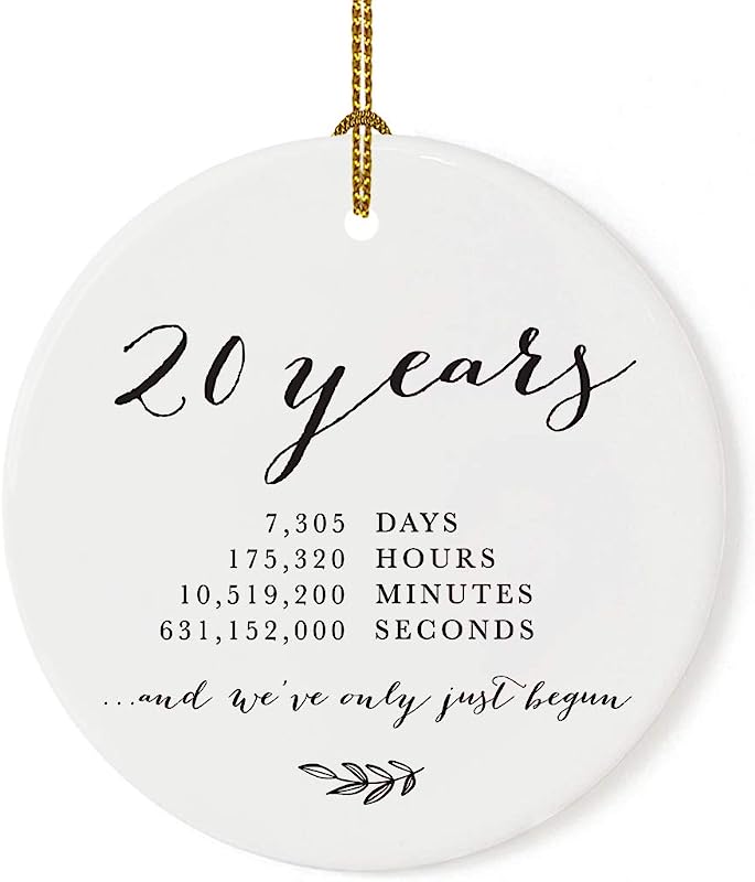 Andaz Press Round Porcelain Ceramic 20Th Wedding Anniversary Christmas Tree Ornament Gift, 20 Years, 7305 Days, 175320 Hours, 10519200 Minutes, 631152000 Seconds, 1-Pack, Inc Gift Box