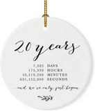 Andaz Press Round Porcelain Ceramic 20Th Wedding Anniversary Christmas Tree Ornament Gift, 20 Years, 7305 Days, 175320 Hours, 10519200 Minutes, 631152000 Seconds, 1-Pack, Inc Gift Box