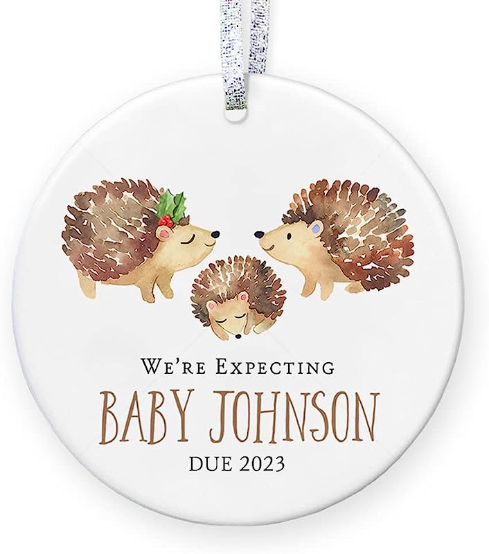 Pregnancy Announcement Ornament  Expecting Parents, Personalized Family Name Date Baby Shower Gift - 3" Flat Circle Ceramic Ornament - Gold & Silver Ribbon   Pgm-Or-105D