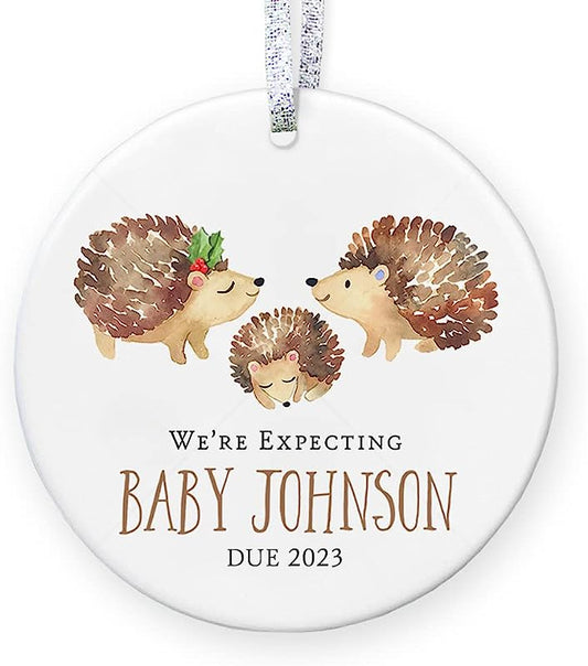 Pregnancy Announcement Ornament  Expecting Parents, Personalized Family Name Date Baby Shower Gift - 3" Flat Circle Ceramic Ornament - Gold & Silver Ribbon   Pgm-Or-105D