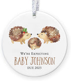 Pregnancy Announcement Ornament  Expecting Parents, Personalized Family Name Date Baby Shower Gift - 3" Flat Circle Ceramic Ornament - Gold & Silver Ribbon   Pgm-Or-105D