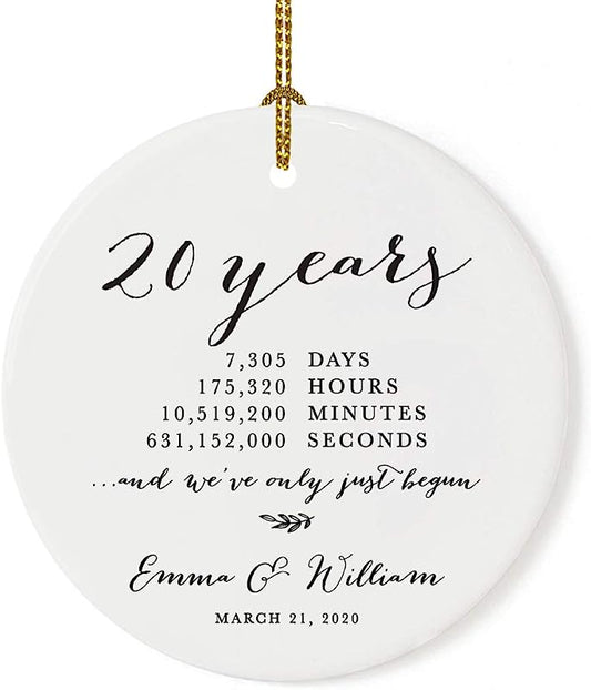 Andaz Press Personalized Name Round Porcelain Ceramic 20Th Wedding Anniversary Christmas Tree Ornament Gift, 20 Years, 7305 Days, 175320 Hours, 10519200 Minutes, 631152000 Seconds, 1-Pack