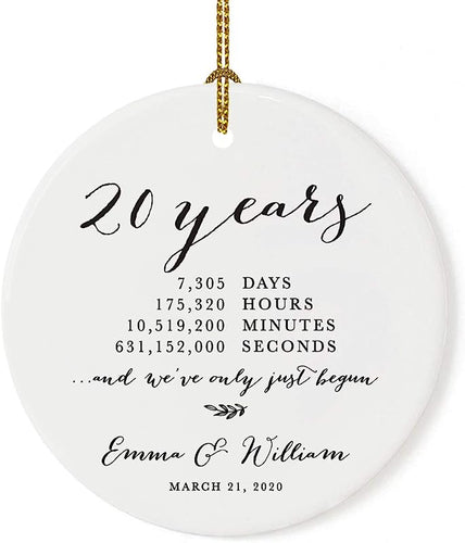 Andaz Press Personalized Name Round Porcelain Ceramic 20Th Wedding Anniversary Christmas Tree Ornament Gift, 20 Years, 7305 Days, 175320 Hours, 10519200 Minutes, 631152000 Seconds, 1-Pack